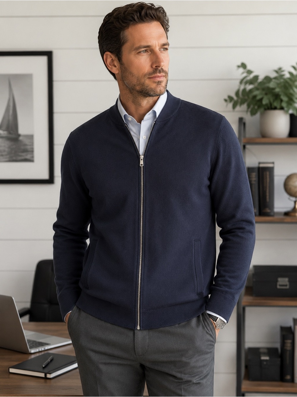 M&S Marks & Spencer Navy Zip-Up Knit Sweater Jacket Size M